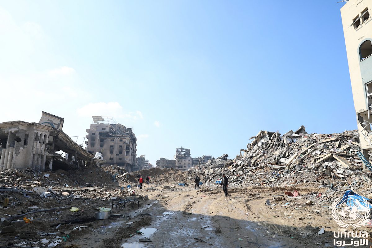 Rows of destroyed multi-storey residential buildings in the Al-Maqousi quarter of the Gaza Strip, February 2024.