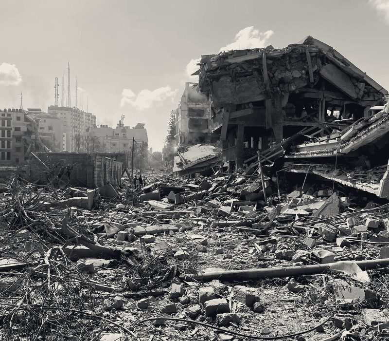 A destroyed residential block in the Rimal neighbourhood of Gaza City, collapsed into rubble after an Israeli airstrike in October 2023.