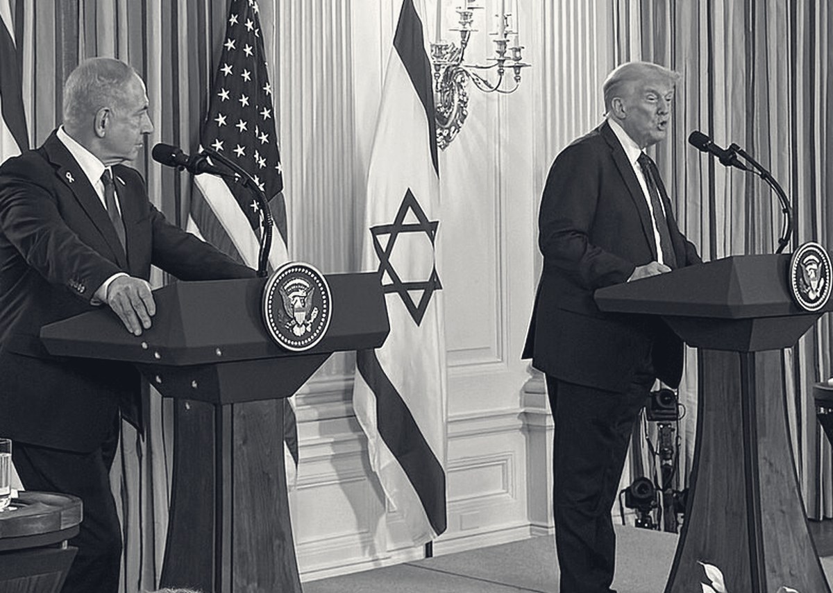 President Trump and Prime Minister Netanyahu at adjacent lecterns during a White House press conference.